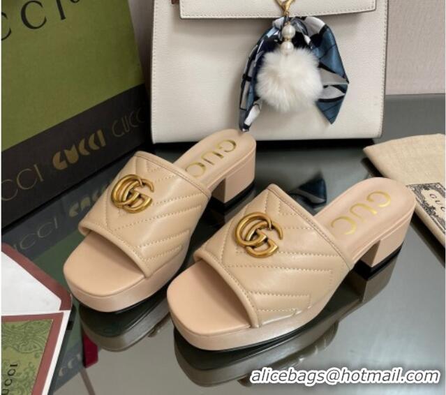 Good Quality Gucci Chevron Leather Heel Platform Slide Sandals Beige 090886