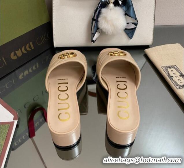 Good Quality Gucci Chevron Leather Heel Platform Slide Sandals Beige 090886