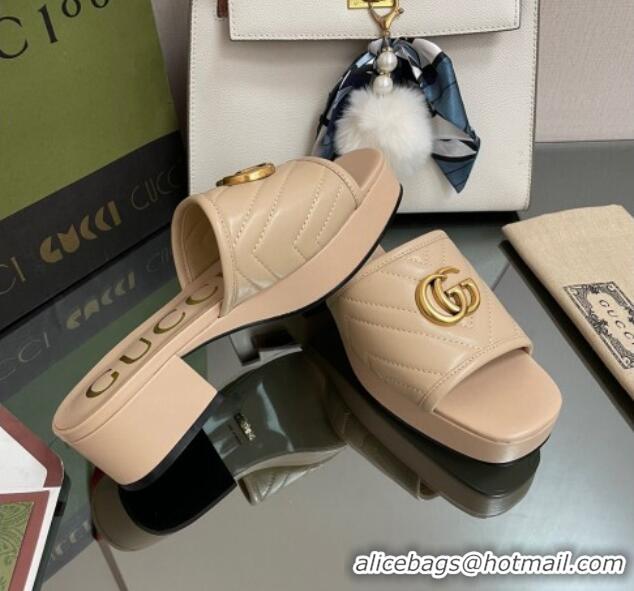 Good Quality Gucci Chevron Leather Heel Platform Slide Sandals Beige 090886