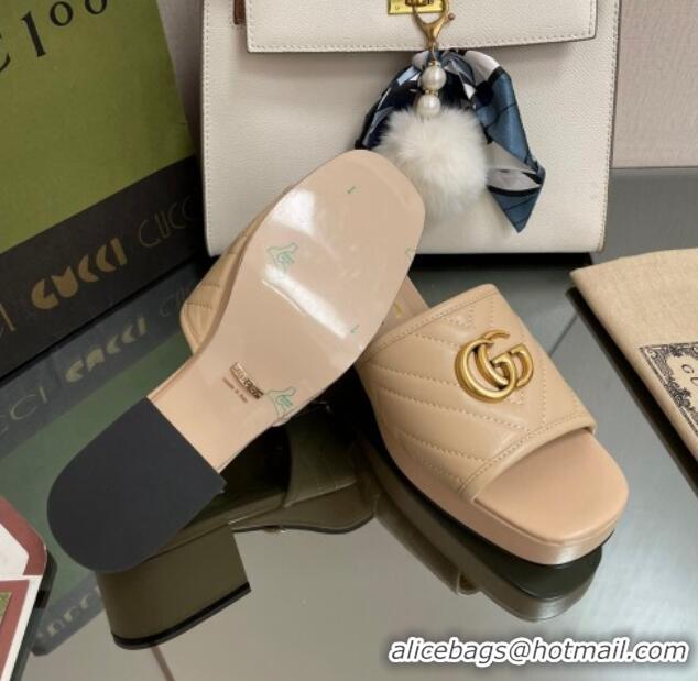 Good Quality Gucci Chevron Leather Heel Platform Slide Sandals Beige 090886