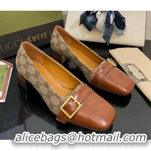 Perfect Gucci GG Canvas Pumps 4.5cm with Buckle Camel Brown 090888