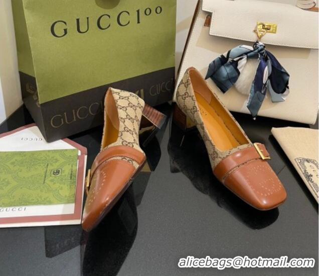 Perfect Gucci GG Canvas Pumps 4.5cm with Buckle Camel Brown 090888