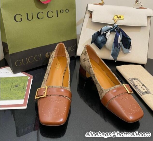 Perfect Gucci GG Canvas Pumps 4.5cm with Buckle Camel Brown 090888