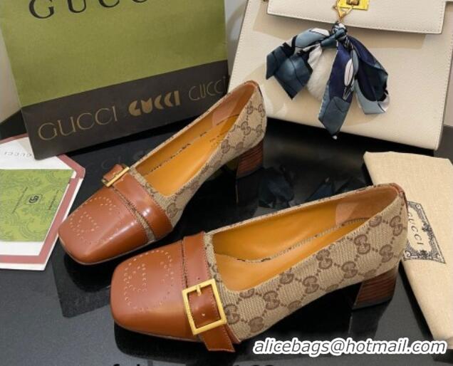 Perfect Gucci GG Canvas Pumps 4.5cm with Buckle Camel Brown 090888