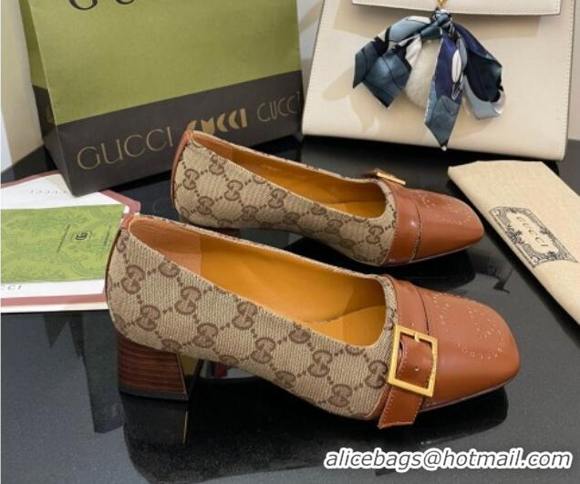 Perfect Gucci GG Canvas Pumps 4.5cm with Buckle Camel Brown 090888