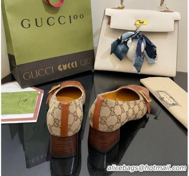 Perfect Gucci GG Canvas Pumps 4.5cm with Buckle Camel Brown 090888