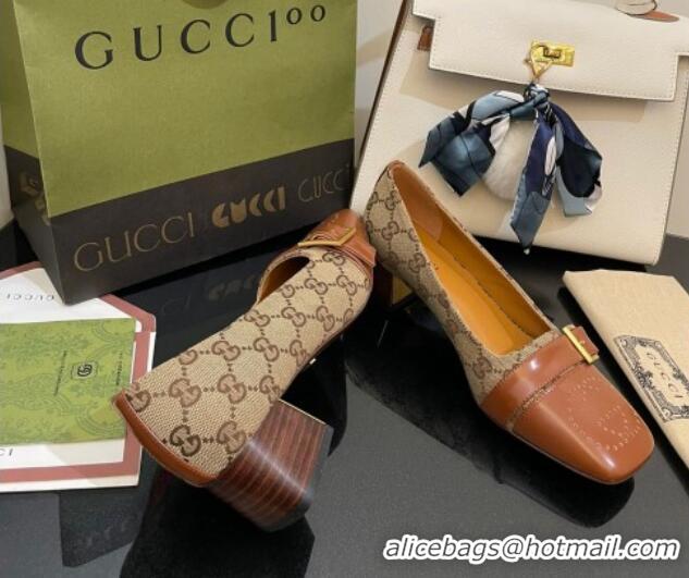 Perfect Gucci GG Canvas Pumps 4.5cm with Buckle Camel Brown 090888