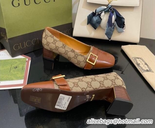 Perfect Gucci GG Canvas Pumps 4.5cm with Buckle Camel Brown 090888