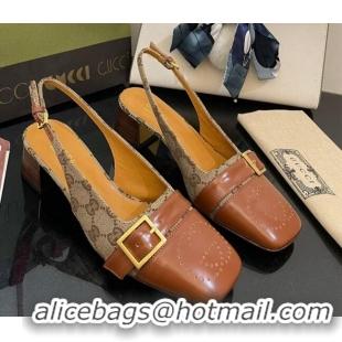 Shop Duplicate Gucci GG Canvas Slingback Pumps 4.5cm with Buckle Camel 090890