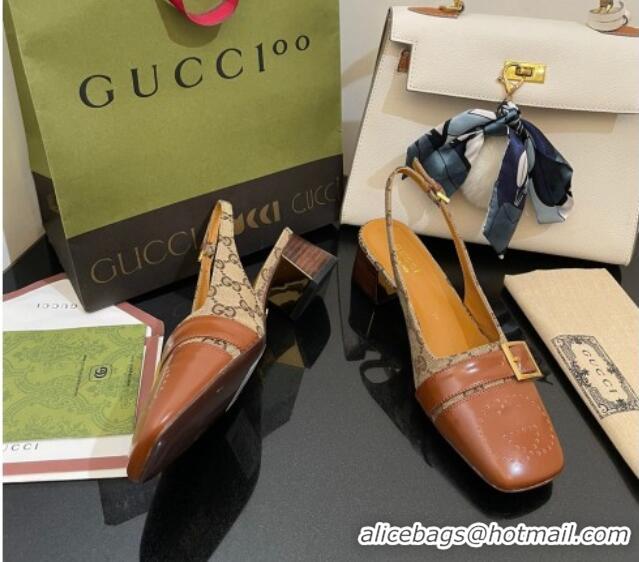 Shop Duplicate Gucci GG Canvas Slingback Pumps 4.5cm with Buckle Camel 090890