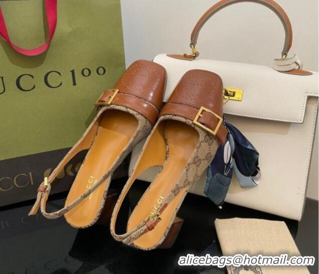 Shop Duplicate Gucci GG Canvas Slingback Pumps 4.5cm with Buckle Camel 090890