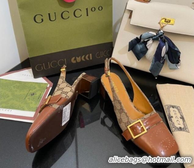 Shop Duplicate Gucci GG Canvas Slingback Pumps 4.5cm with Buckle Camel 090890