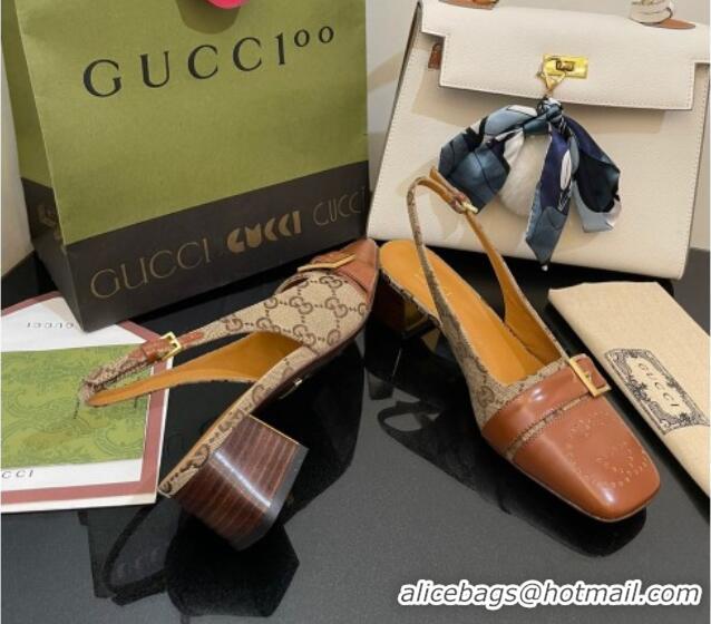 Shop Duplicate Gucci GG Canvas Slingback Pumps 4.5cm with Buckle Camel 090890