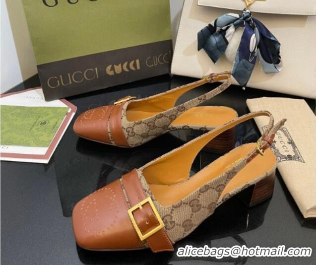 Shop Duplicate Gucci GG Canvas Slingback Pumps 4.5cm with Buckle Camel 090890