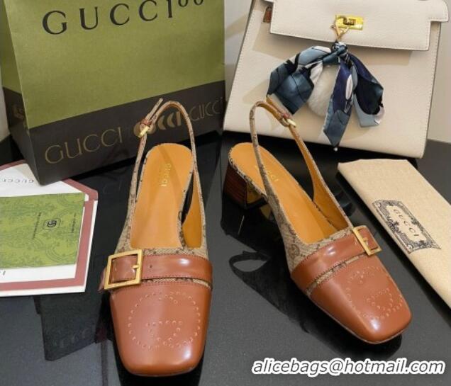 Shop Duplicate Gucci GG Canvas Slingback Pumps 4.5cm with Buckle Camel 090890