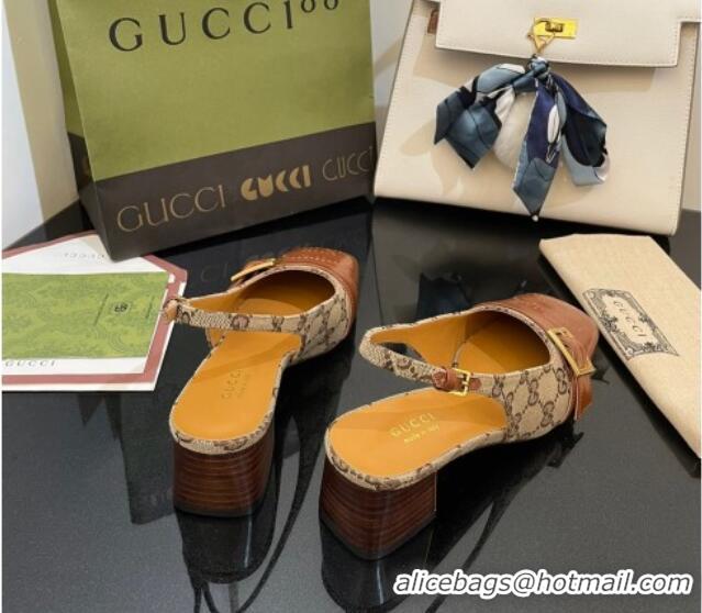 Shop Duplicate Gucci GG Canvas Slingback Pumps 4.5cm with Buckle Camel 090890