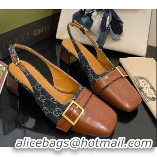 Top Design Gucci GG Denim Slingback Pumps 4.5cm with Buckle Blue 090891