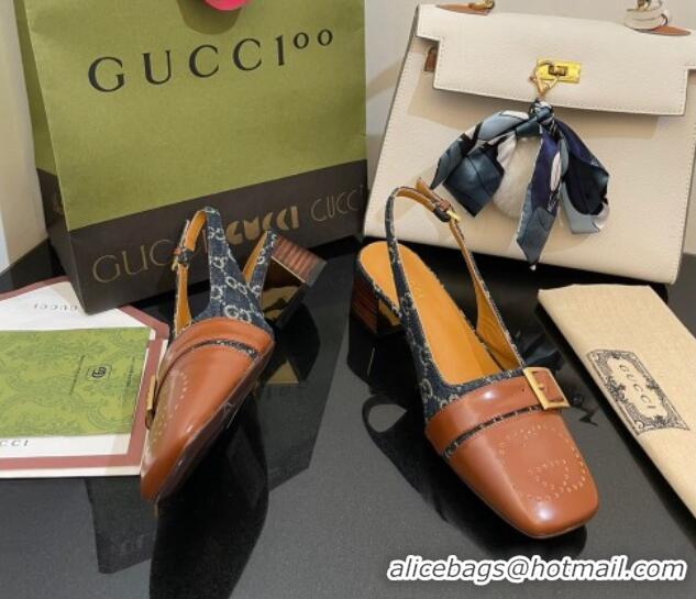 Top Design Gucci GG Denim Slingback Pumps 4.5cm with Buckle Blue 090891