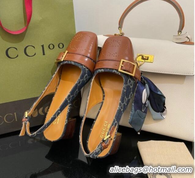 Top Design Gucci GG Denim Slingback Pumps 4.5cm with Buckle Blue 090891