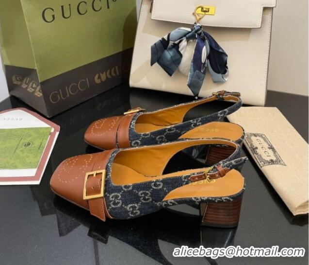 Top Design Gucci GG Denim Slingback Pumps 4.5cm with Buckle Blue 090891