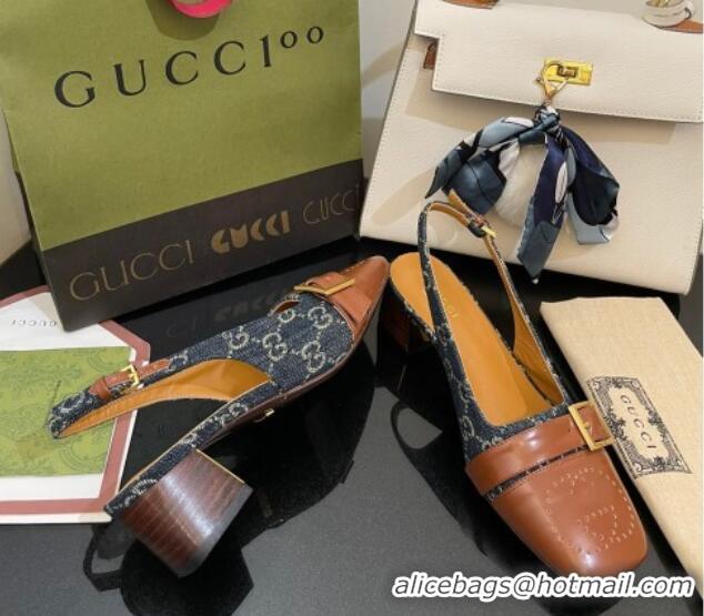 Top Design Gucci GG Denim Slingback Pumps 4.5cm with Buckle Blue 090891