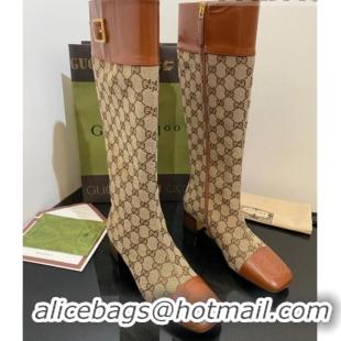 Good Looking Gucci GG Canvas Knee-High Boots 4.5cm with Buckle Camel 090892