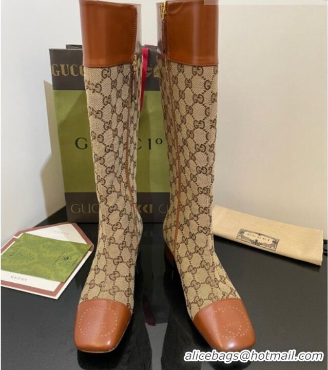 Good Looking Gucci GG Canvas Knee-High Boots 4.5cm with Buckle Camel 090892