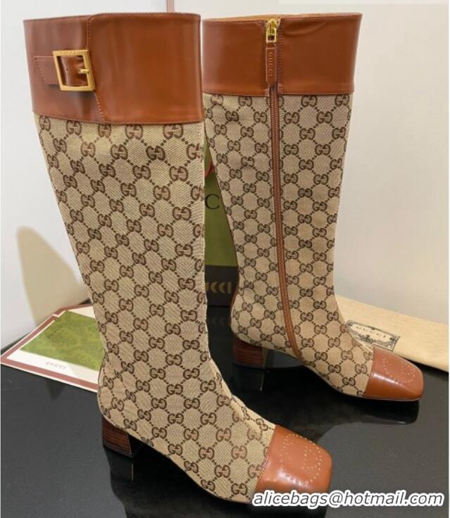 Good Looking Gucci GG Canvas Knee-High Boots 4.5cm with Buckle Camel 090892