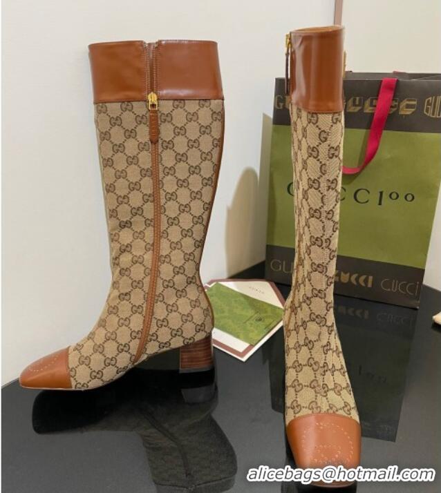 Good Looking Gucci GG Canvas Knee-High Boots 4.5cm with Buckle Camel 090892