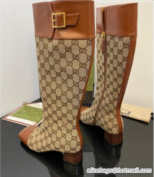 Good Looking Gucci GG Canvas Knee-High Boots 4.5cm with Buckle Camel 090892