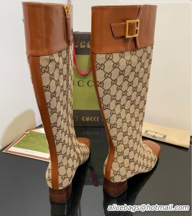 Good Looking Gucci GG Canvas Knee-High Boots 4.5cm with Buckle Camel 090892