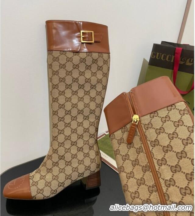 Good Looking Gucci GG Canvas Knee-High Boots 4.5cm with Buckle Camel 090892