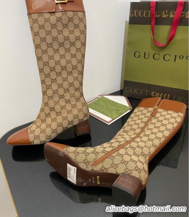 Good Looking Gucci GG Canvas Knee-High Boots 4.5cm with Buckle Camel 090892