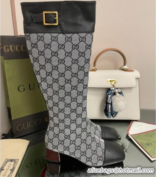 Good Quality Gucci GG Canvas Knee-High Boots 4.5cm with Buckle Grey 090893