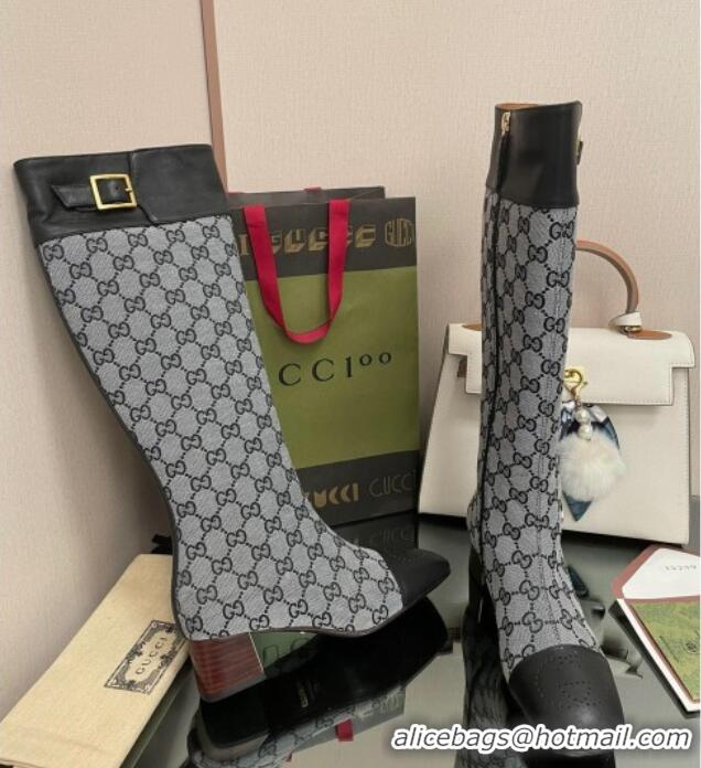 Good Quality Gucci GG Canvas Knee-High Boots 4.5cm with Buckle Grey 090893