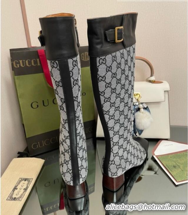 Good Quality Gucci GG Canvas Knee-High Boots 4.5cm with Buckle Grey 090893