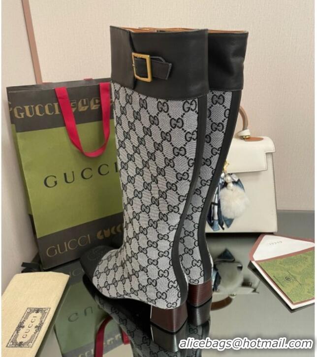 Good Quality Gucci GG Canvas Knee-High Boots 4.5cm with Buckle Grey 090893