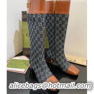 Grade Gucci GG Denim Knee-High Boots 4.5cm with Buckle Blue 090894