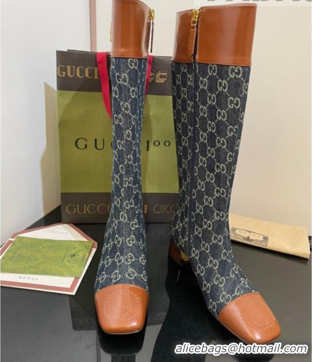 Grade Gucci GG Denim Knee-High Boots 4.5cm with Buckle Blue 090894