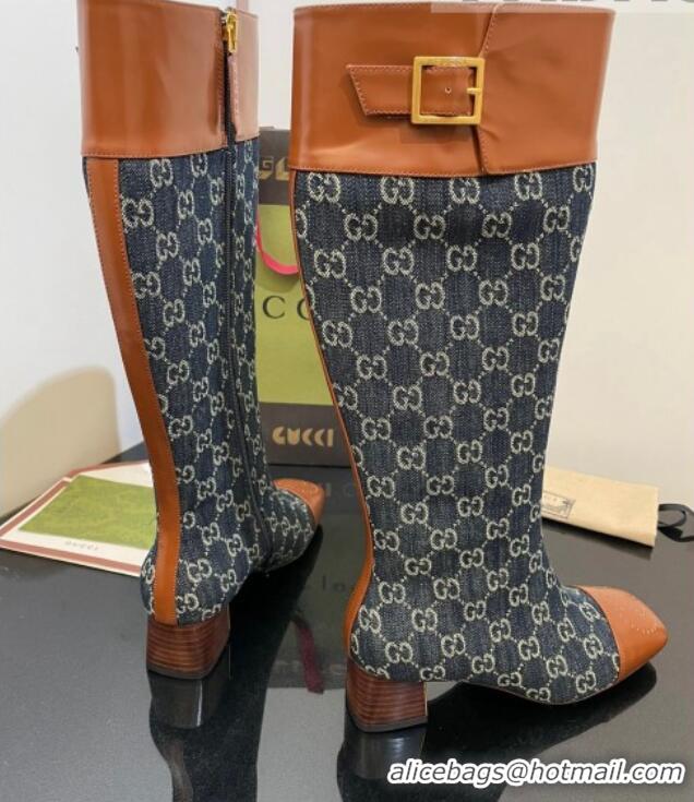 Grade Gucci GG Denim Knee-High Boots 4.5cm with Buckle Blue 090894