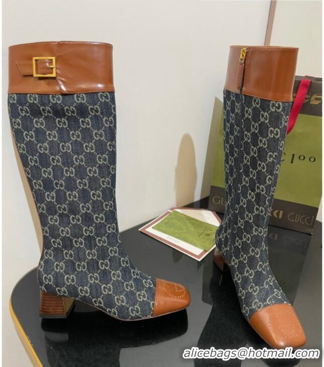 Grade Gucci GG Denim Knee-High Boots 4.5cm with Buckle Blue 090894