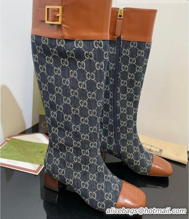 Grade Gucci GG Denim Knee-High Boots 4.5cm with Buckle Blue 090894