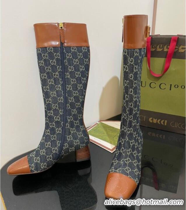 Grade Gucci GG Denim Knee-High Boots 4.5cm with Buckle Blue 090894