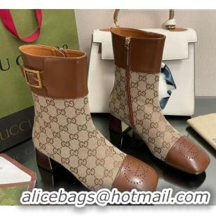 Charming Gucci GG Canvas Ankle Boots 4.5cm with Buckle Camel 090895