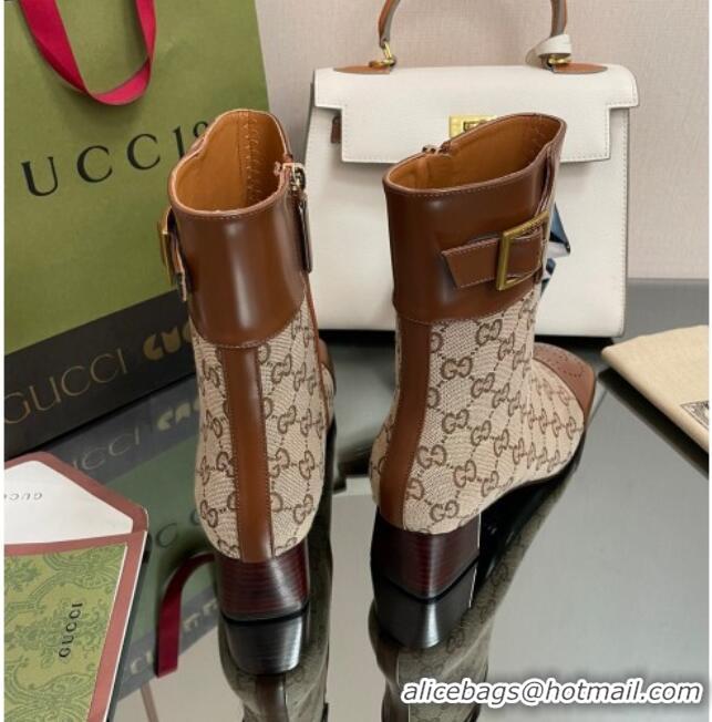 Charming Gucci GG Canvas Ankle Boots 4.5cm with Buckle Camel 090895