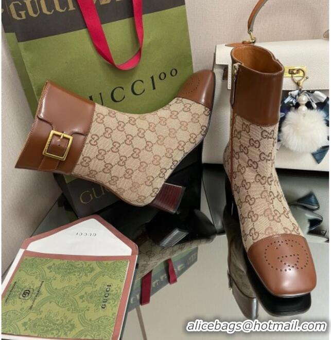 Charming Gucci GG Canvas Ankle Boots 4.5cm with Buckle Camel 090895