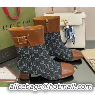 Popular Style Gucci GG Denim Ankle Boots 4.5cm with Buckle Blue 090896