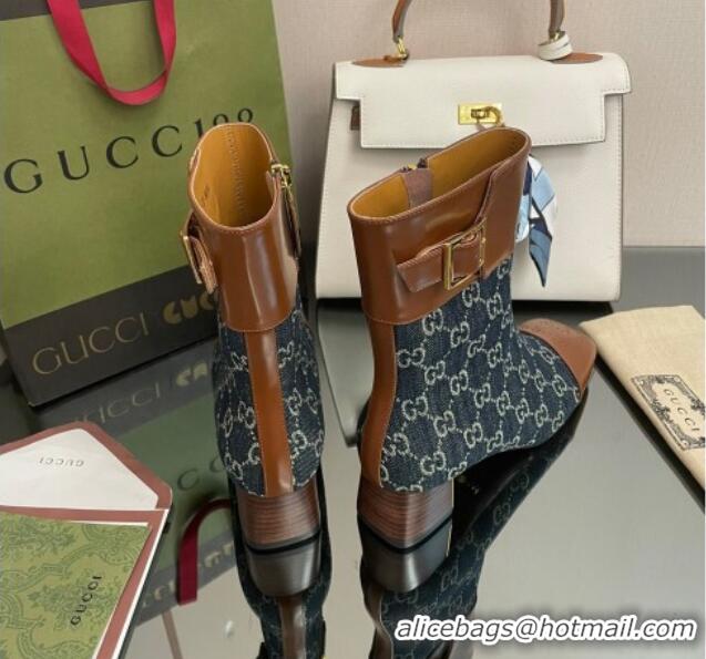 Popular Style Gucci GG Denim Ankle Boots 4.5cm with Buckle Blue 090896