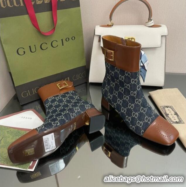 Popular Style Gucci GG Denim Ankle Boots 4.5cm with Buckle Blue 090896