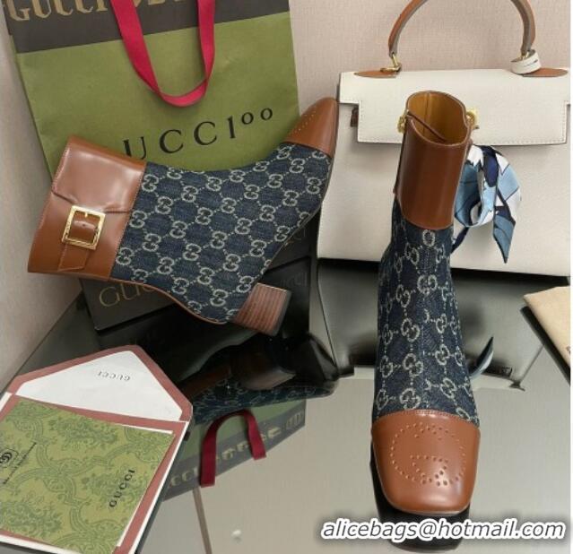 Popular Style Gucci GG Denim Ankle Boots 4.5cm with Buckle Blue 090896